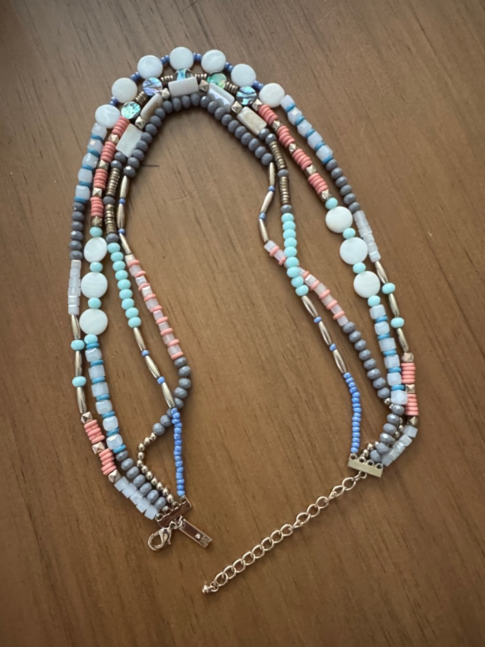 Multistrand Beaded Necklace in Blue, Coral & Gray